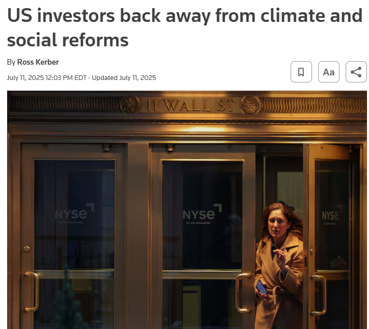 Picture of Reuters article with headline "US investors back away from climate and social reforms"